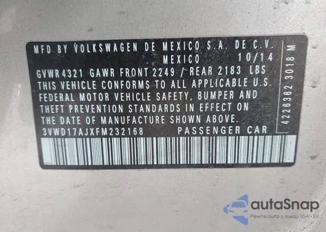 2015 Volkswagen Jetta 1.8T Se from USA, damaged, VIN 3VWD17AJXFM232168